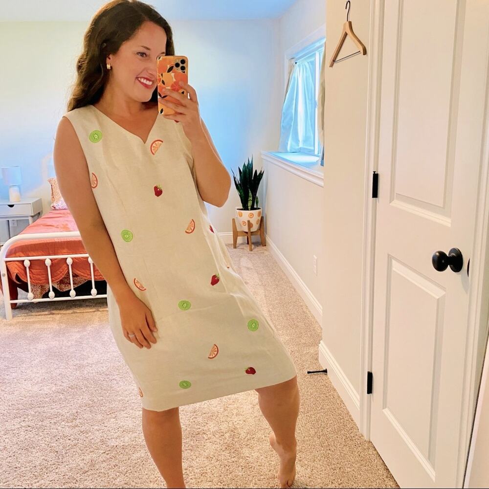 Vintage Jillian Jones Tan Neutral Fruit Embroidered Mini Dress 14
